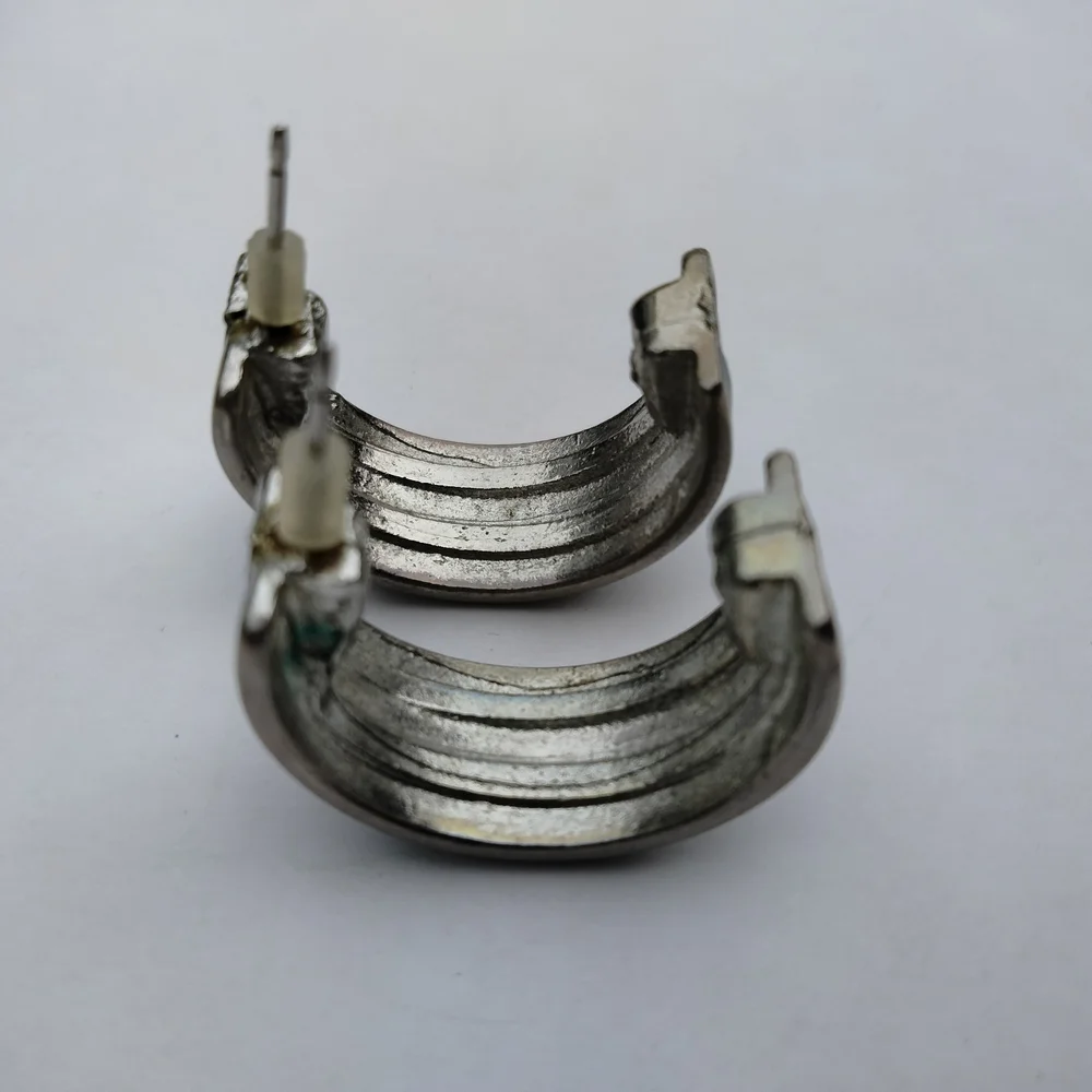 Vintage Green Enameled Half Hoop Earrings Pierced Silver Tone